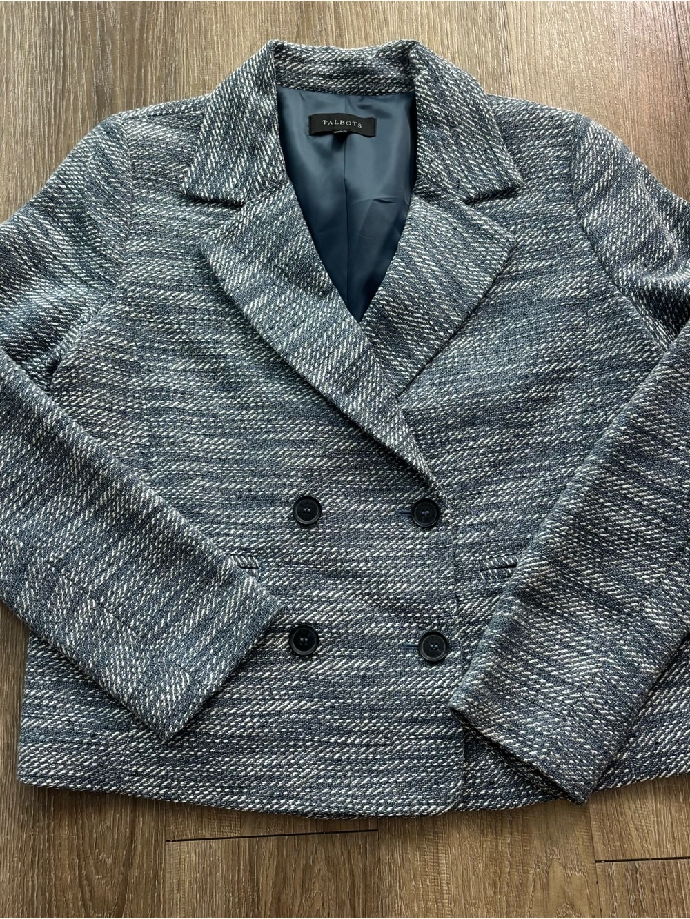 Talbots Blue-Gray Double-Breasted Tweed Blazer